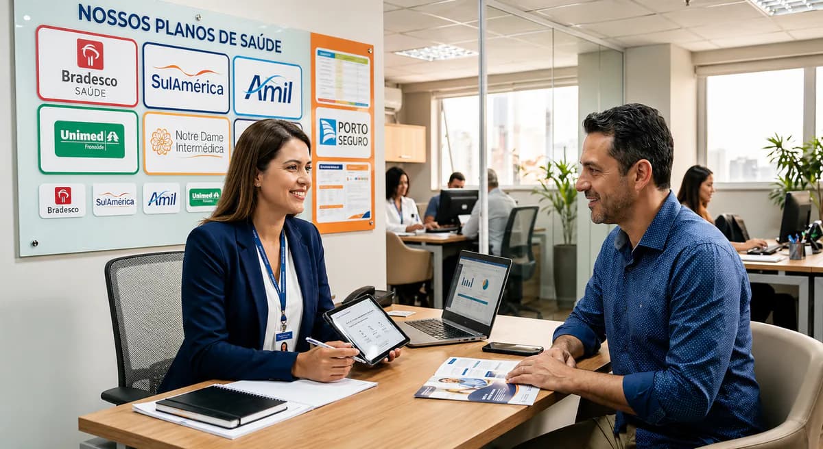 Consultora da APPRENTI apresentando opções de planos de saúde para um cliente